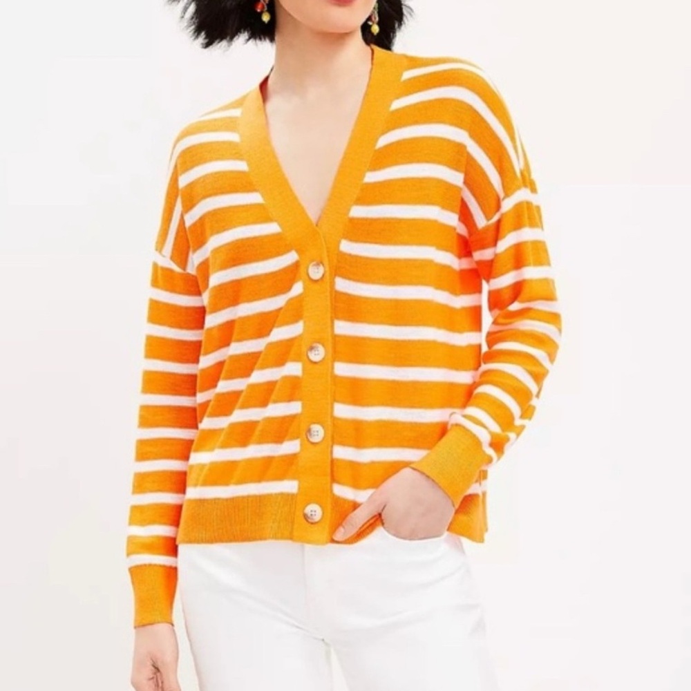 LOFT Orange White Striped Cardigan Womens Large Button Front V-Neck Sweater